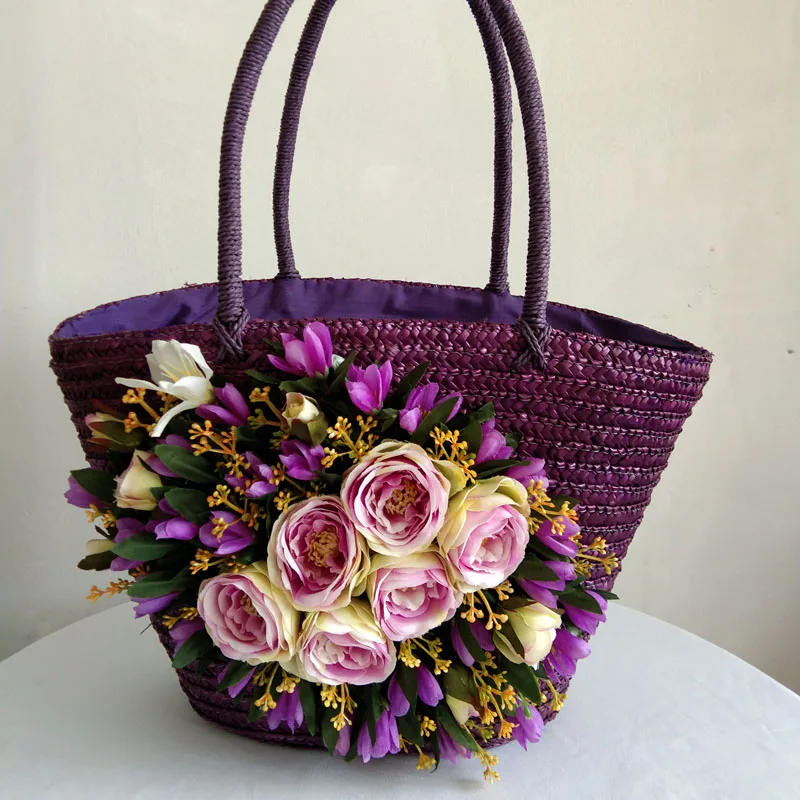Casual Holiday Travel Vacation Bohemia Style Tote Women Fashion Big Flower Beach Bag Raffia Rattan Weave Straw Summer Handbag