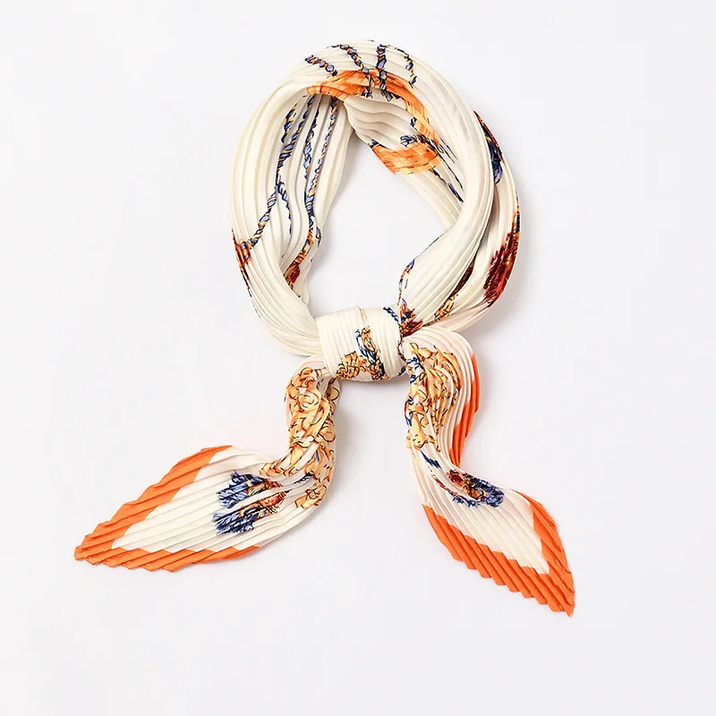 

Luxury Print Silk Head Scarf Stylish Print Foulard Small Bandana Crinkle Neck Wear Pleated Scarves [3710]