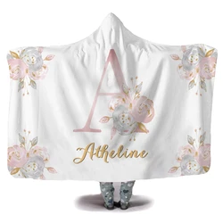 LVYZIHO – couverture molletonnée à capuche avec motif de lettres florales, pour adultes/enfants, chaude, portable, pour pique nique à la maison, couverture paresseuse 