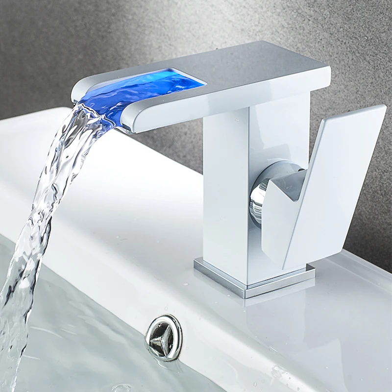 US $54.60 LED Waterfall Bathroom Basin Faucet Single Handle Cold Hot Water Mixer Sink Tap RGB Color Change Powered By Water Flow
