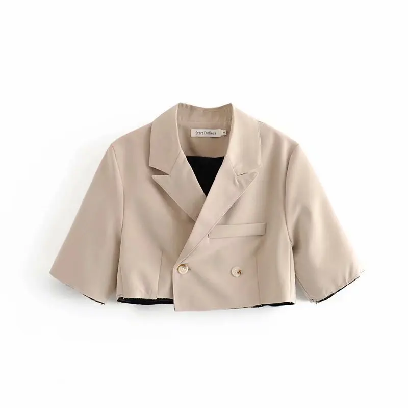 

WT009 Brief Design Solid Color Double Breasted Short Design Blazer Female Chic Crop Blazers