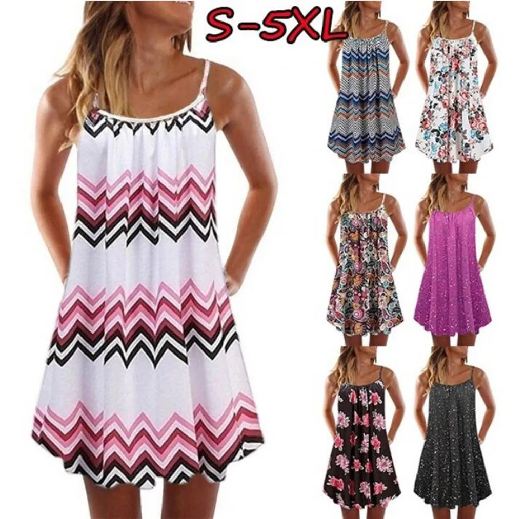 &35 Women Plus Size S-5xl Dress Vintage Boho Women Summer Sleeveless Beach Printed Short Mini Dresses Summer Sexy Sling Dress