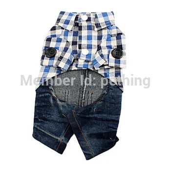 

Fashion Dog Jeans Sets Checked Shirts Dog Boy Clothes Summer Spring Small Dog Summer Clothes Cotton Fabric Comfortable