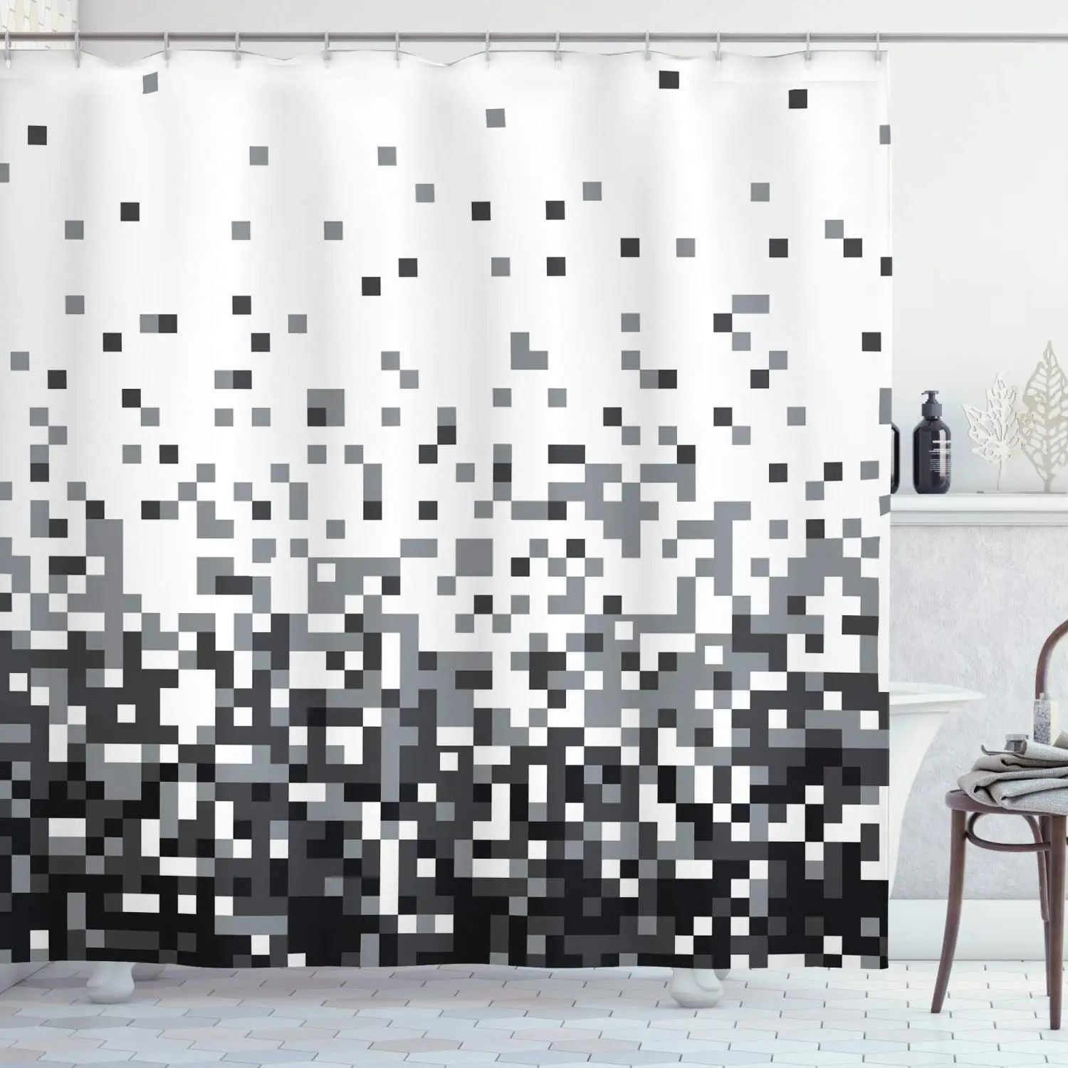 

Geometric Shower Curtain, Graphics Pixel with Little Squares Greyscale Modern Computer Pattern, Cloth Fabric Bathroom Decor Set