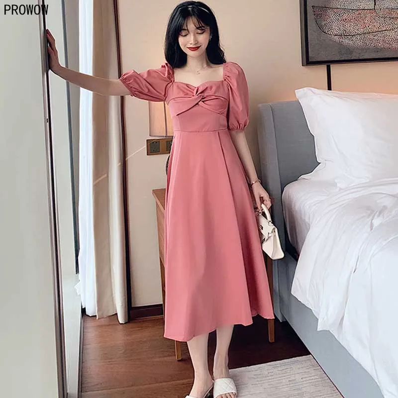 2020 Summer Puff Sleeve Dress Female French Retro Chiffon Bow Square Collar Dress Korean Elegant Party Ladies Waist Midi Dresses