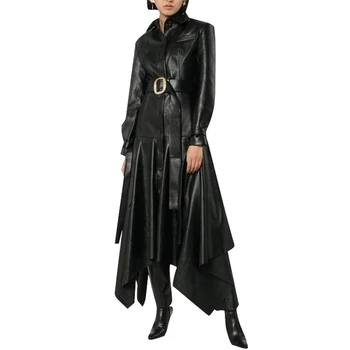 

PU Leather Women's Coats Lapel Collar Long Sleeve High Waist With Sashes Female Coat 2019 Autumn Fashion New