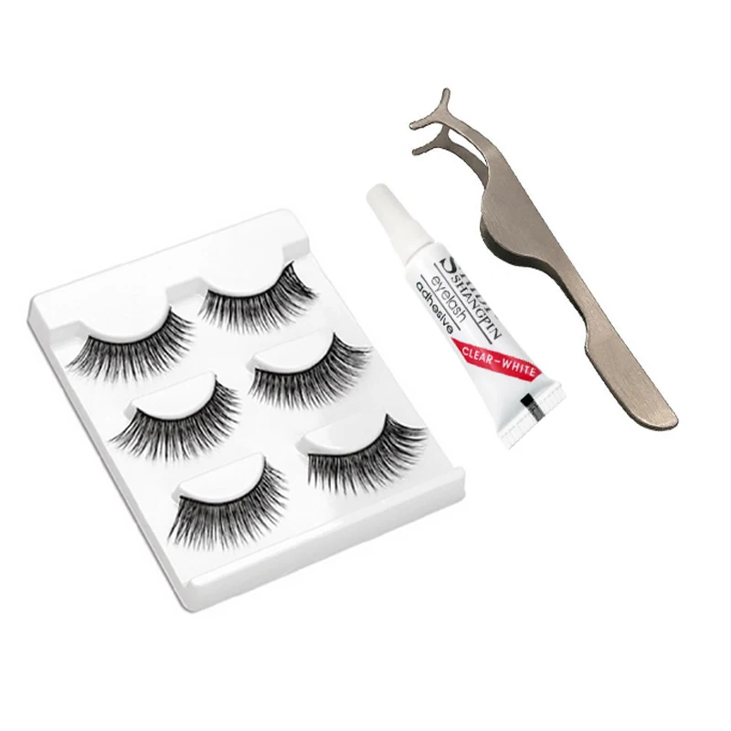 

3 Pairs faux fluffy wispy false eyelashes natural Long Eyelash Extension Makeup fake Lash Eyelash glue Suit