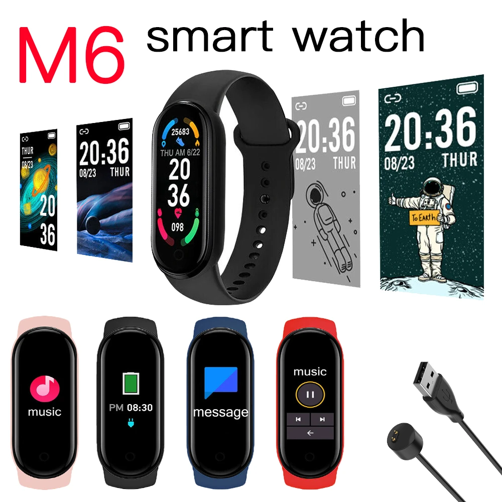 Smart Watch M6 Men's and Women's Fitness Heart Rate Blood Pressure Monitoring Bracelet Message Push Music Control Digital Watch