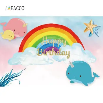 

Laeacco Rainbow Birthday Party Dolphin Baby Gold Star Customized Poster Portrait Photo Background Photography Backdrop Photocall