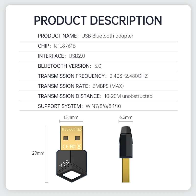Bluetooth adapter Bluetooth audio receiver Bluetooth transceiver adapter Audio adapter Bluetooth aux adaptor RTL8761B Chip USB Receiver transmitter Bluetooth 5.0 Music Wireless audio adapter For PC Headset speaker Wireless mouse