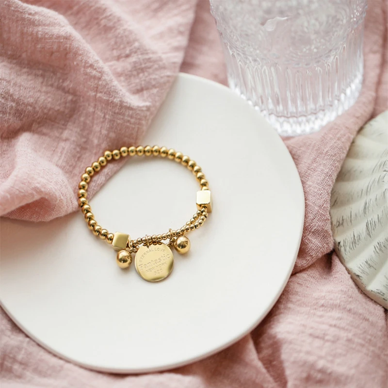 Stainless Steel Gold Color Beads Round Tag Bracelets Trendy Simple Bracelets Female Girl's Fashion Party Jewelry stainless steel bracelet