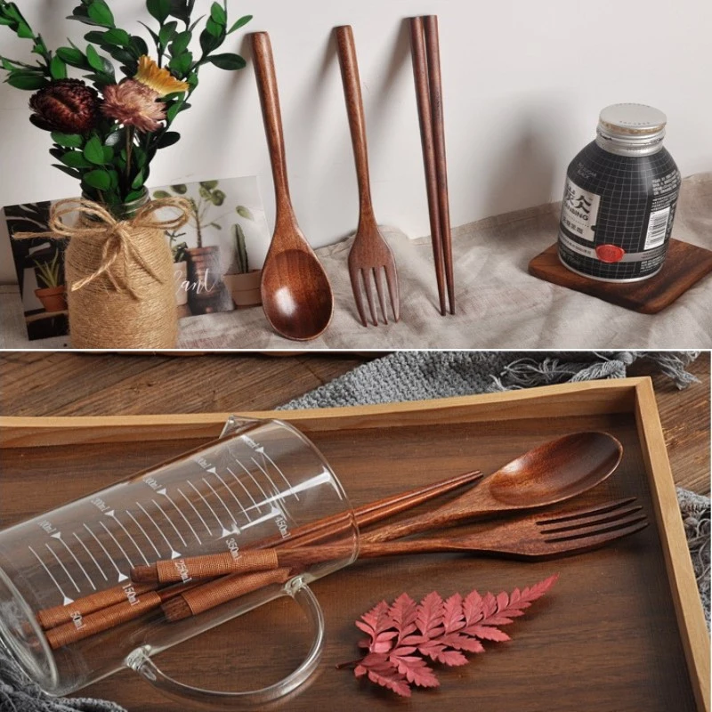 Wooden Tableware Fork Spoon Chopsticks 3pcs/Set Natural Long Handle Retro Style Portable wooden spoon,camping cutlery