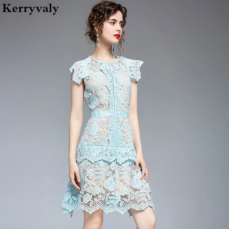 

Summer Blue Irregular Water Soluble Lace Dress Women Clothes 2020 Sweet Gothic Casual Short Party Dress Robe Femme K6939