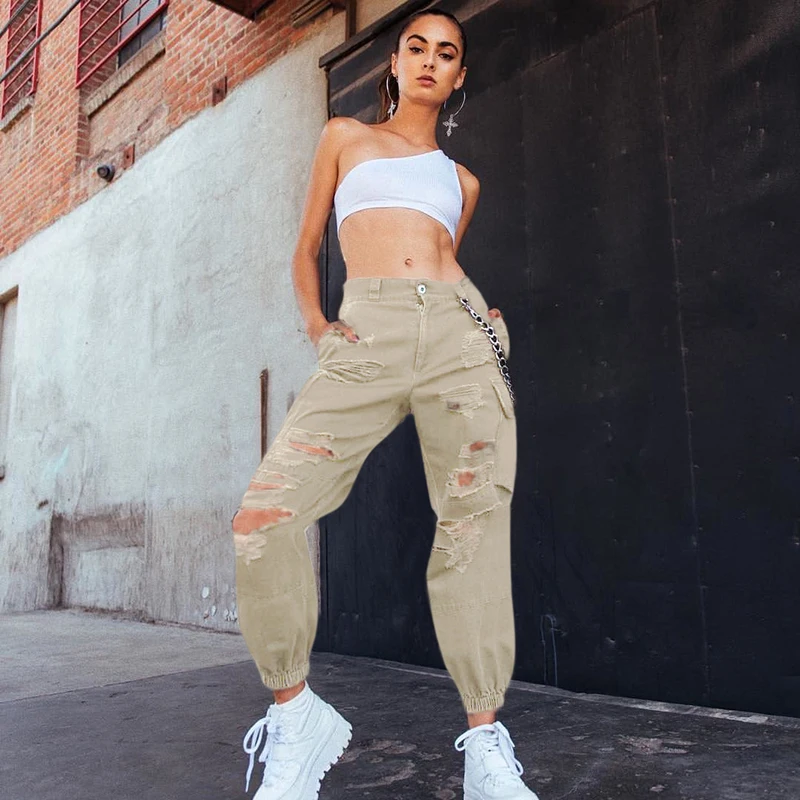 Hiphop Dance Pants Ripped Hole Destroyed Women Pantacourt Rock Sports Pants Female Streetwear Bf Hip Hop Harem Pants OS015