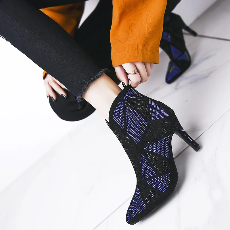 

Shiny Crystal Flock Thin High Heel Ankle Boots Women Winter Fashion Pointed Toe Women Party Boots 2019 short booties ladies
