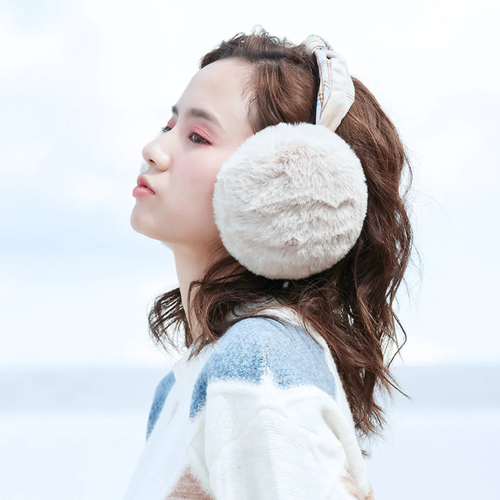 black Solid Harajuku ear warmer Women Foldable Winter Earmuffs Faux Fur Hamburger Ear Warmer Plush Headgear cache oreille