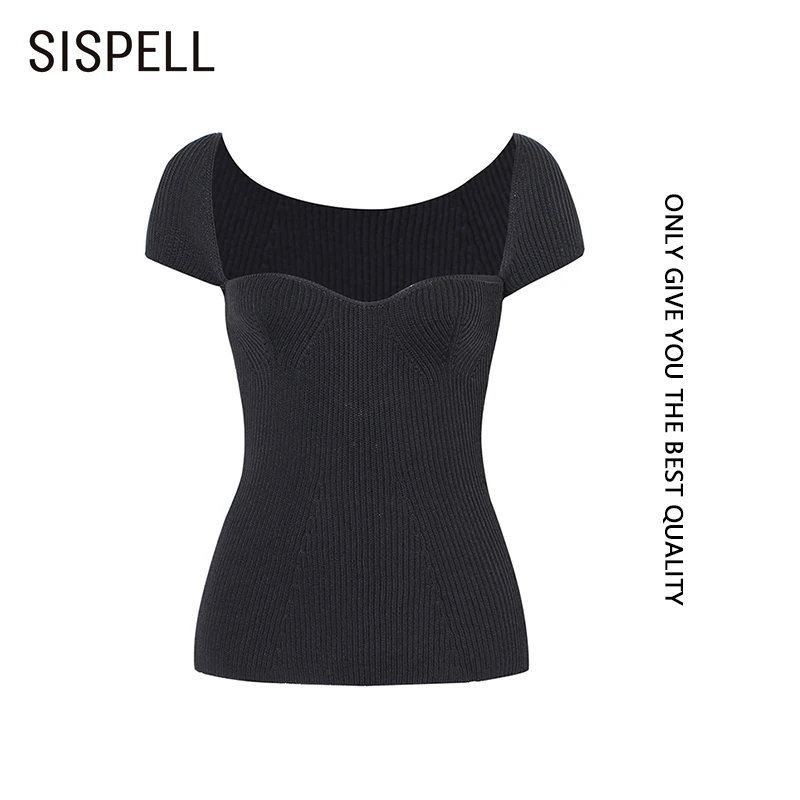 

SISPELL Solid Color Casual Women's Knitted Shirt Square Collar Short Sleeve Slimming For Female Shirts 2020 Fashion Autumn New