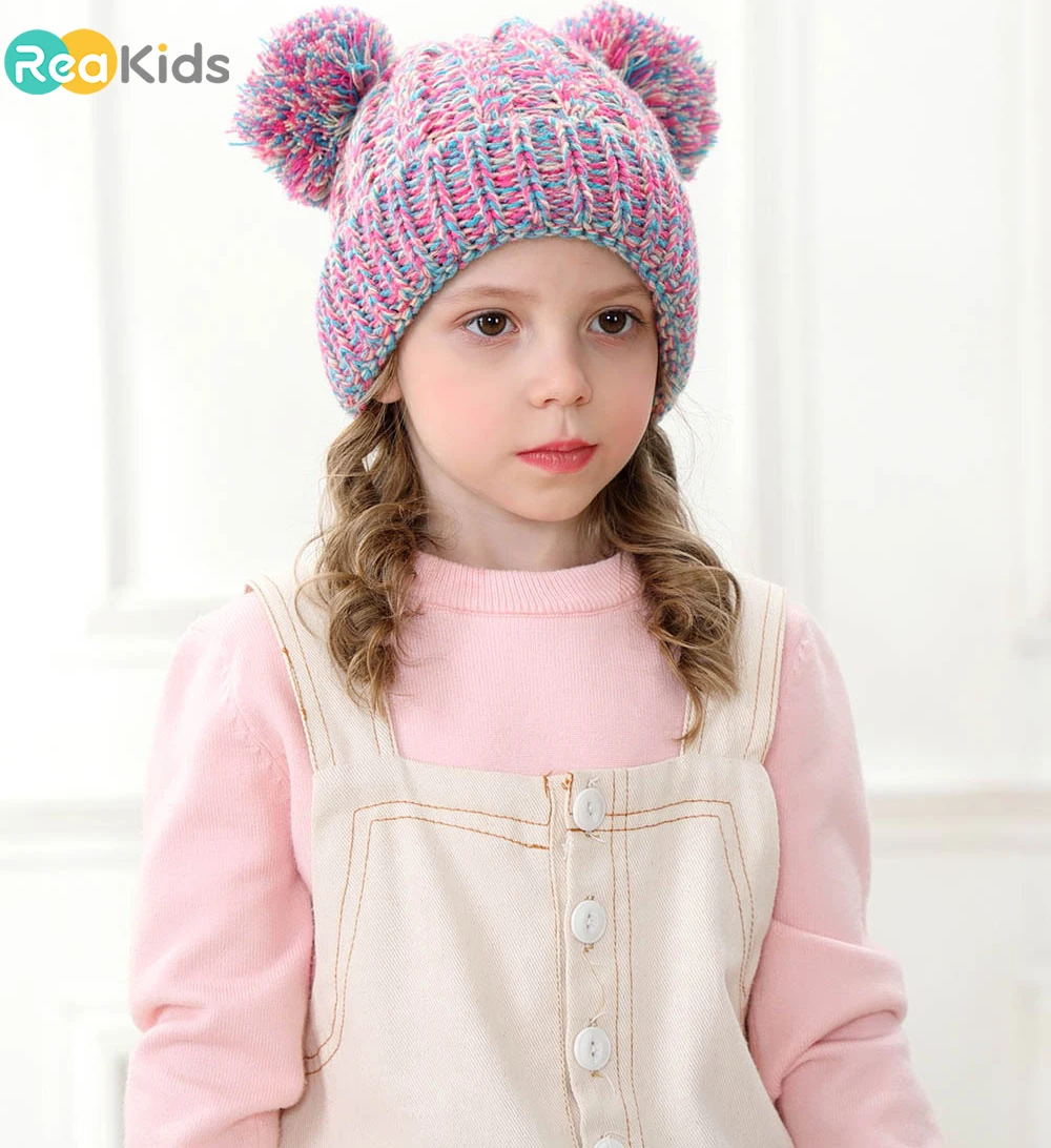 REAKIDS/новые детские шапки, зимняя детская шапка, теплая плотная мягкая шапка с помпонами для мальчиков и девочек, детская шерстяная вязаная хлопковая теплая детская шапка