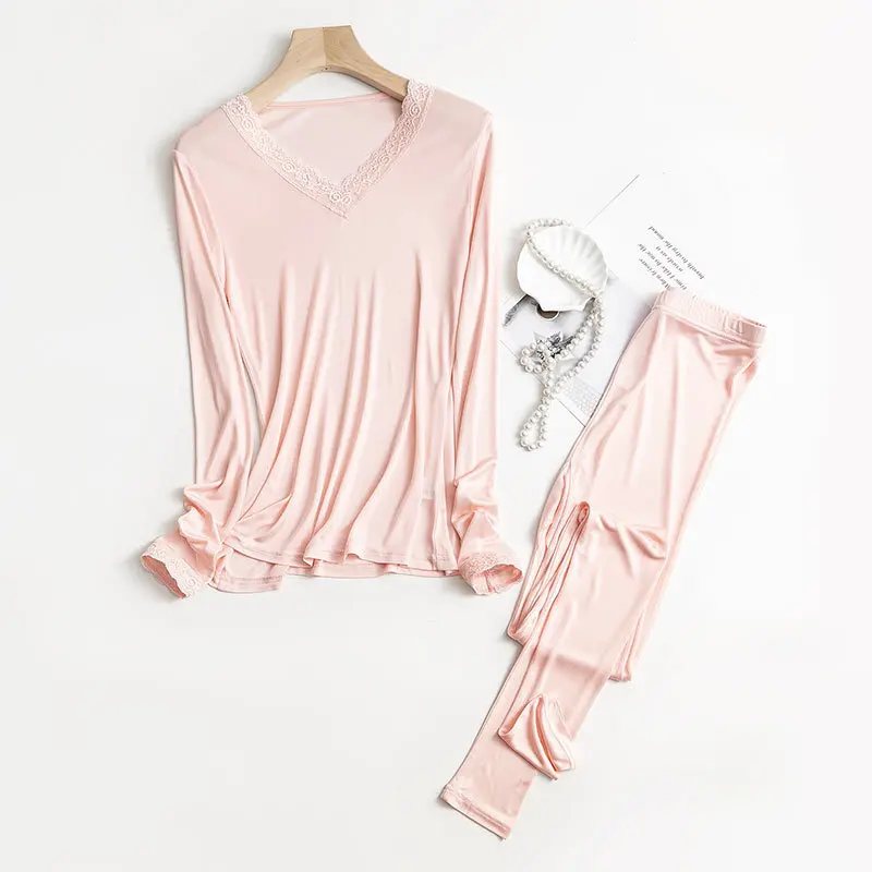 Thermal underwear sets Women Autumn Winter Long Johns Silk Lace V neck Solid