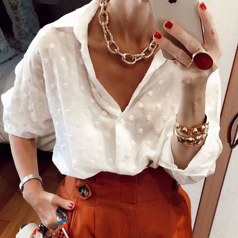 New Fashion 2020 Autumn Women Sexy White Shirt Elegant Long Sleeve Dot Mesh Office Shirt Ladies V-neck Tops Blouse
