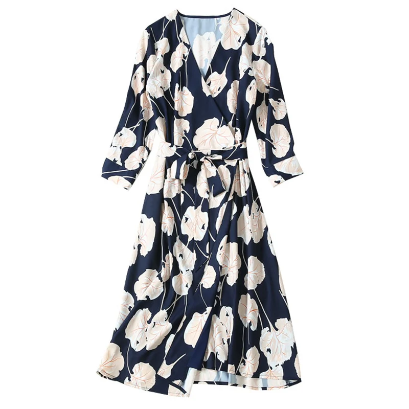 Женская Осенняя одежда vestido, большие размеры, высокая мода, подиум, v-образный вырез, три четверти, с рукавами, пояс, длина до колена, флористическая накидка, платье
