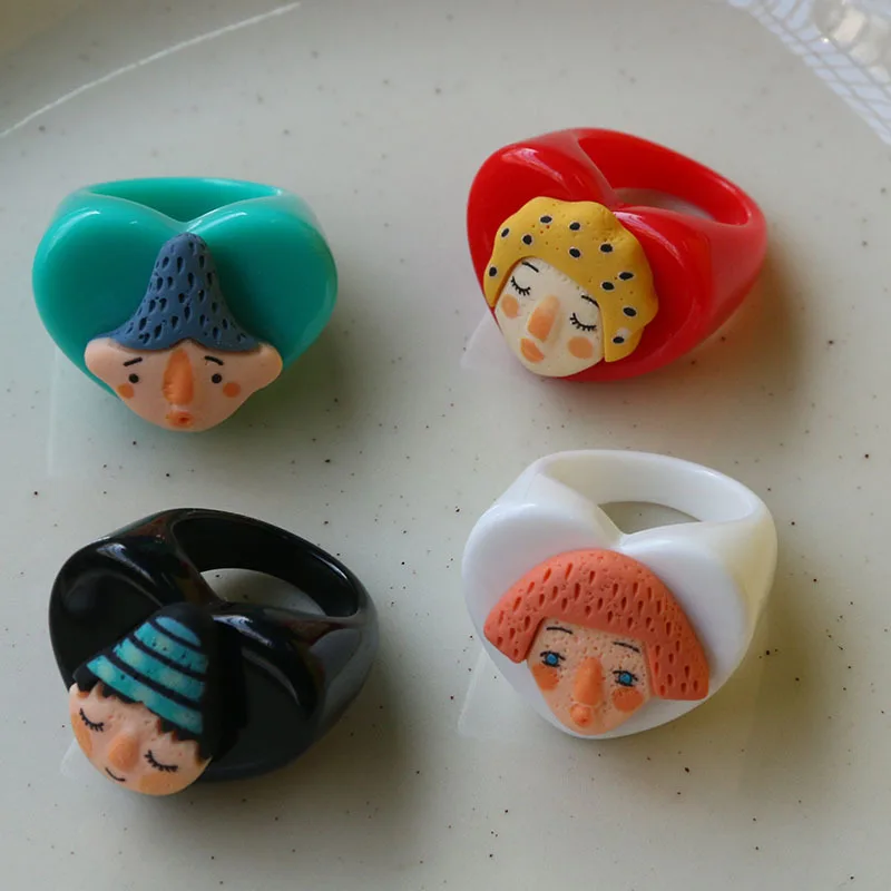 Portrait Plastic Rings Green Resin Acrylic Family Series Red Black White  Party Cartoon Jewelry for Women Girl Friends Gift