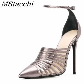 

MStacchi Fashion Sandals For Women New Leather Ankle Strap Sandals Gold With Pointed Toes High Heel Shoes Sexy Party Shoes Woman