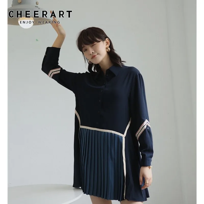 

Cheerart Fall 2019 Pleated Dress Long Sleeve Dark Blue Shirt Mini Dress Women Patchwork Designer Dress Clothing