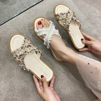 

Slippers Casual Beach Shoes Slides Slipers Women Flock Low Luxury Sabot 2020 Flat Summer Fashion PU Basic Cotton Fabric Rome