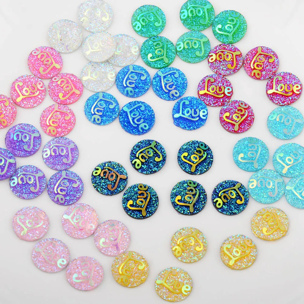 

BOLIAO AB Color Rhinestone 40Pcs 12mm (0.47In) Round Shape Mix Color "Love" Resin Bags/Shoes Decoration Glue Not Hole