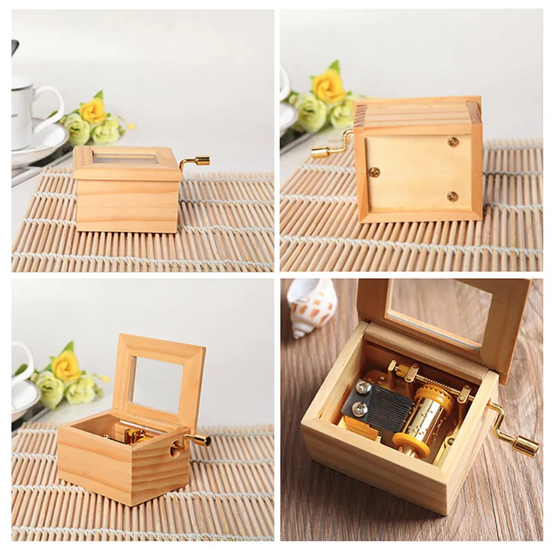 

Music Box Wood Handmade Crank Engraving Musical Box Happy Birthday Wedding Gift Classical Crank Clear Pane Home Decor Supplies