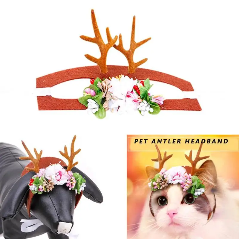 Рождественский домашний олень обруч на голову с рогами собака кошка шелковая ткань головной убор с цветком щенок котенок декоративные аксессуары
