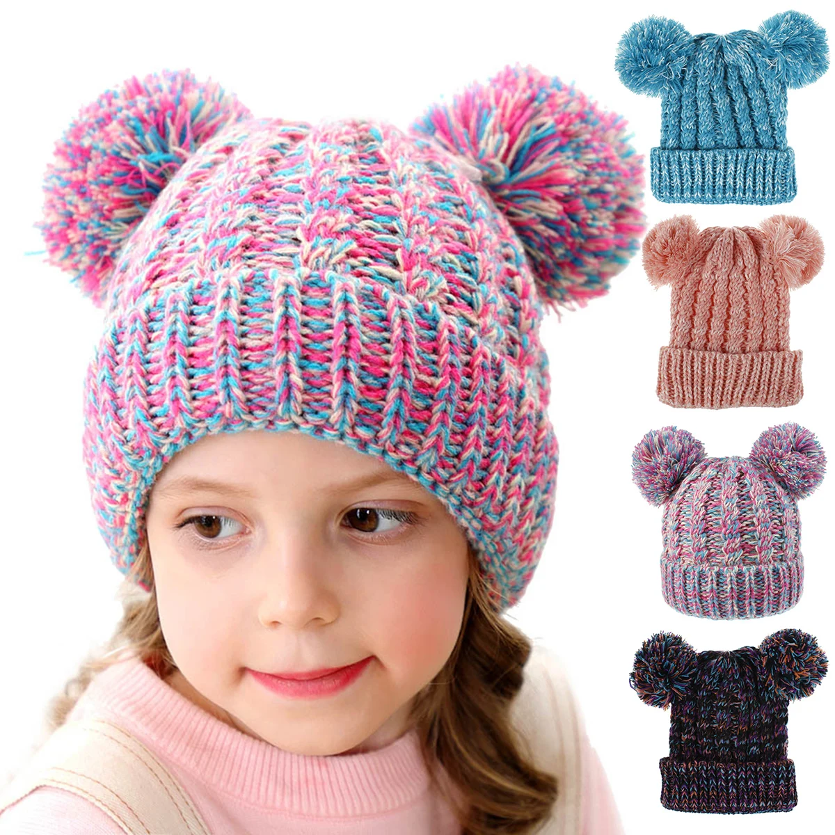 Детская шапка, осенне-зимняя теплая вязаная шерстяная Круглая Шапочка для мальчиков и девочек 3-8 лет, детская шапка с помпоном