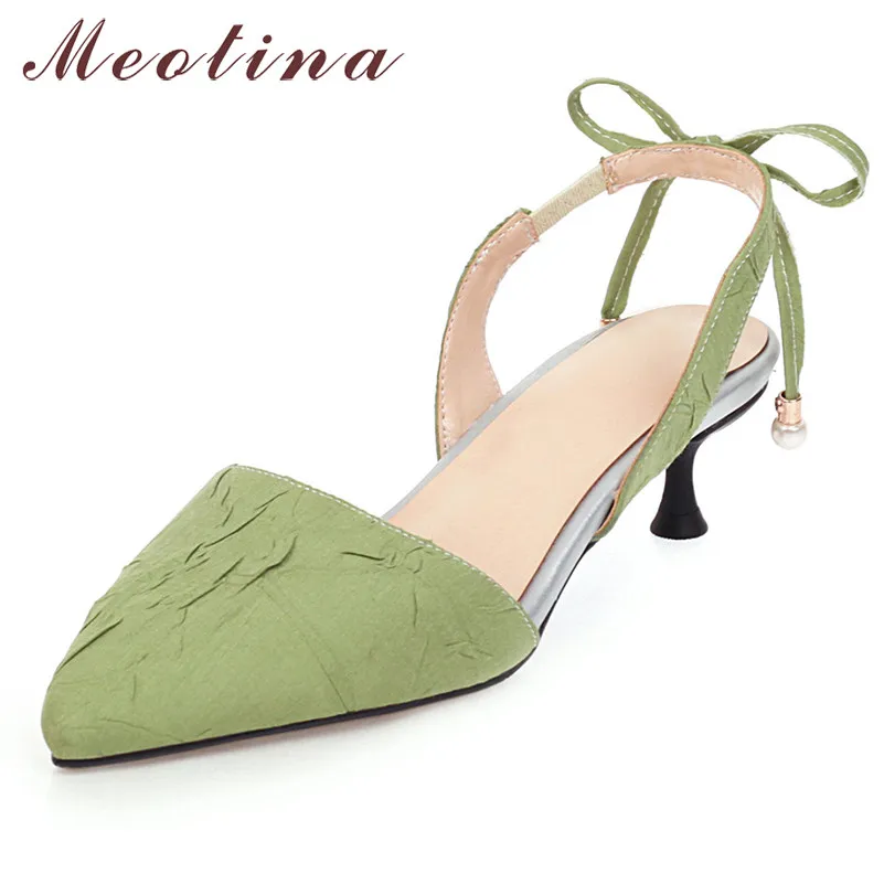 

Meotina High Heels Women Pumps Pleated Kitten Heels Slingbacks Shoes Fashion Bow Pointed Toe Party Shoes Female Plus Size 33-46