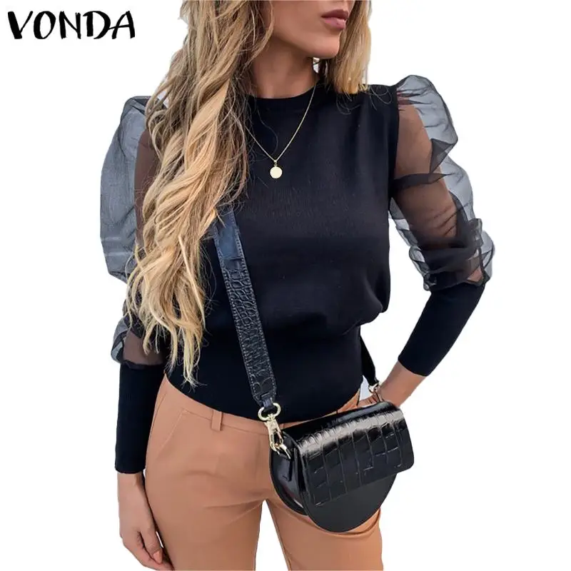 VONDA женские свитера женские офисные кружевная блузка Демисезонный, детские свитеры с длинными рукавами трикотажный пуловер Повседневное топы размера плюс - Цвет: Черный