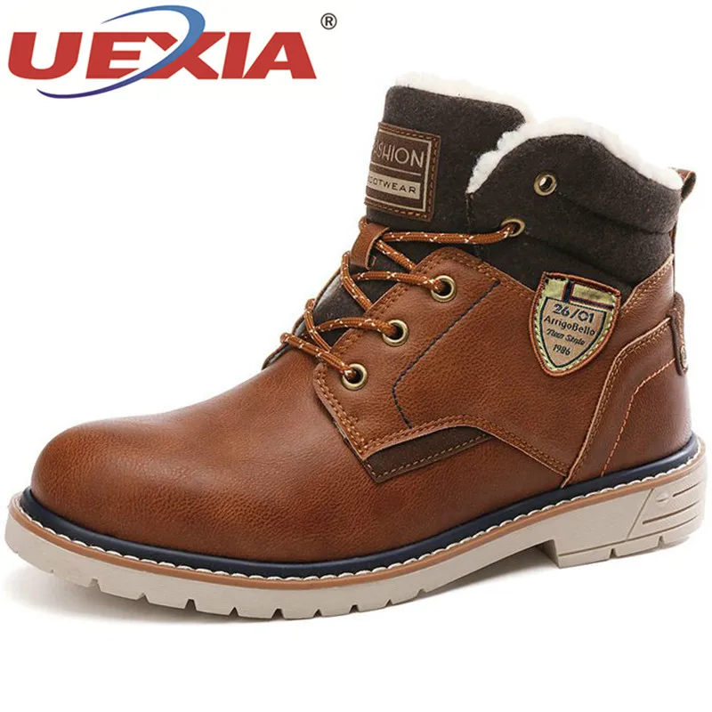 

UEXIA 2019 New Winter Warm Fur Men's Boots Leather Flats Ankle Snow Outdoor Footwear Walking Desert Comfortable Motorcycle boots