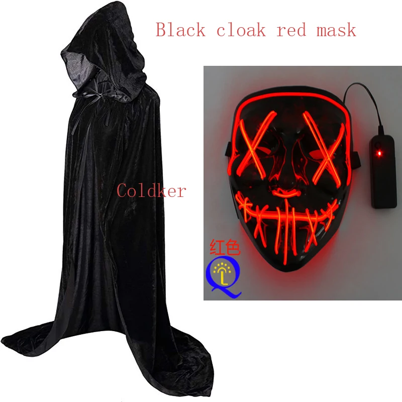 Black cloak mask Карнавальный костюм для Хэллоуина, длинный плащ с капюшоном, накидка для рождественской вечеринки, модная маска, светодиодный свет, Вечерние Маски - Цвет: Black cloak mask