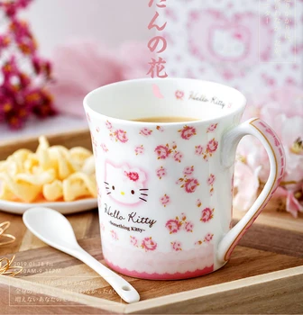 

With Gift Box Color Pink Cherry Blossoms Cartoon Kitty Design 300ML Ceramic Coffee Milk Tea Mug Cup No Spoon