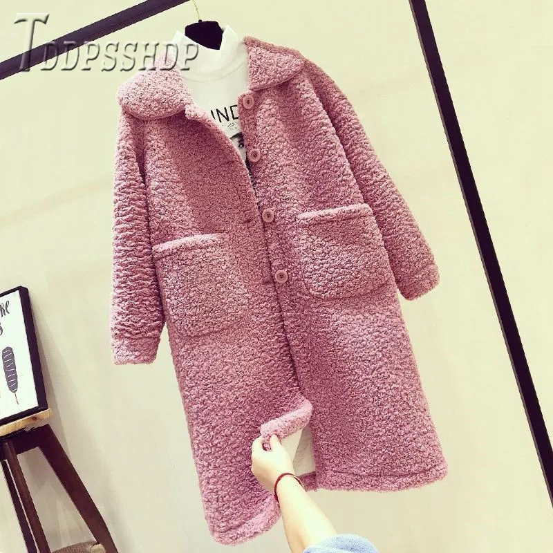 Популярное Женское пальто из имитации овечьей шерсти свободное толстое корейское длинное Стильное женское пальто