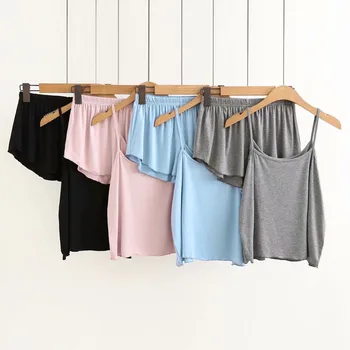 

Two Piece Set Women Solid Sleeveless Sling Vest Tops And Loose Pant Shorts Pajamas Set Ropa De Mujer Спортивный Костюм Женск