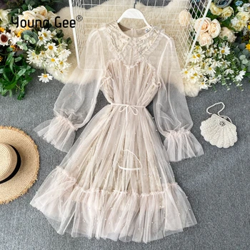 

Young Gee Women's Dresses Autumn Spring Dress Pearl Beading Peter Pan Collar Sheer Mesh Long Sleeve Loose Mini Sweet Party Dress