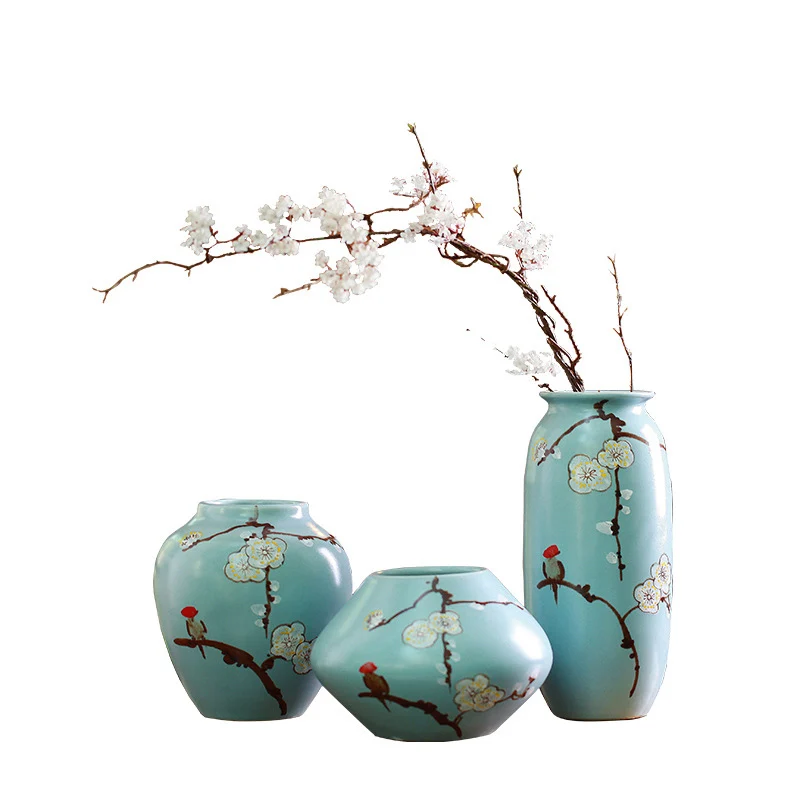 

New Chinese Style Jingdezhen Ceramic Vase Three-piece Soft Decoration Home Crafts Hand-painted Porcelain Creative Decoration