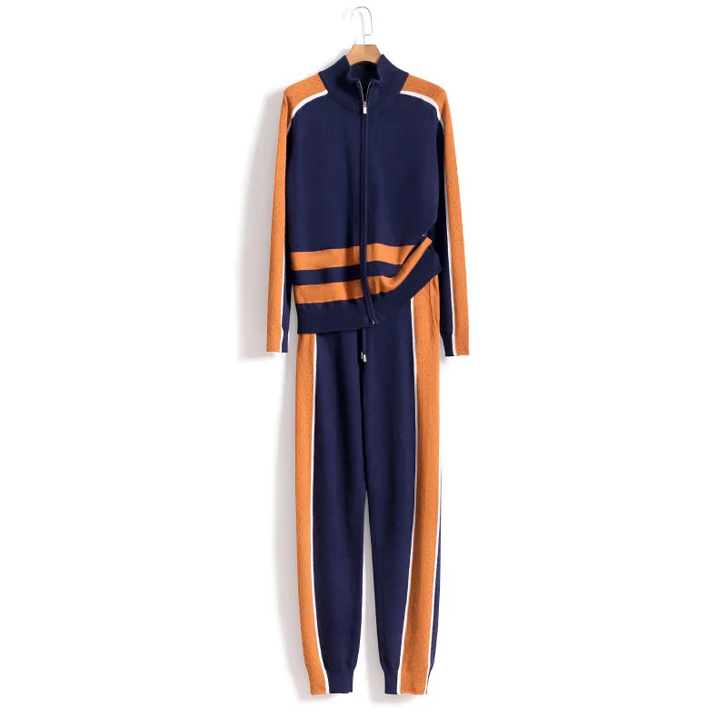 

Tracksuit Special Offer Turtleneck Full Women 2019 New Fashion Knit Sweater And Feet Pants Striped Color Cashmere 2 Piece Set