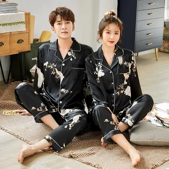 

Spring Autumn Pajamas Imitation Lovers Sleepwear Long Sleeve Wedding Nightwear Men's Women's Suits Housewear