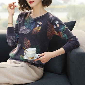 

KQCZ Sweater Women 2020 Autumn Winter Fashion New Leaf Printed sweater Long Sleeve Loose pullover Knitted sweaters Women