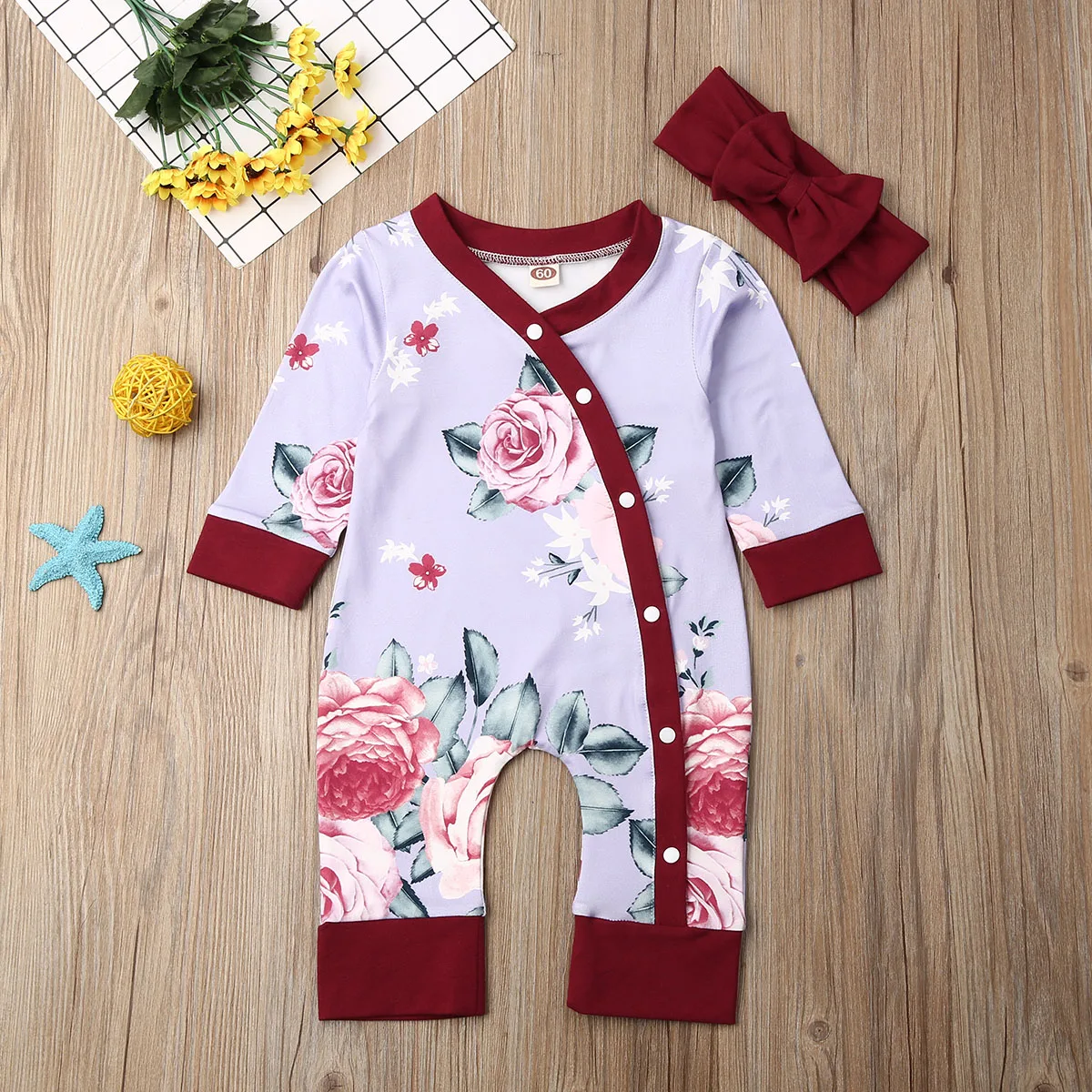 Комплект осенней одежды из 2 предметов для новорожденных девочек, комбинезон с цветочным рисунком, боди, спортивный костюм - Цвет: Фиолетовый