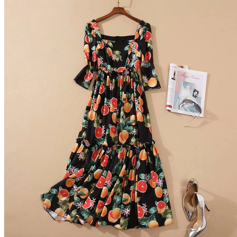SEQINYY Sicily Style Dress Grapefruit Flowers Print Ruffles 2020 Summer Spring New Fashion Design Women Half Sleeve A-line Midi