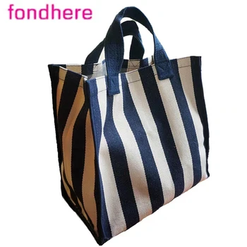 

FONDHERE New style chic green stripe canvas women's bag shopping bag large capacity simple casual simple style shoulder bag