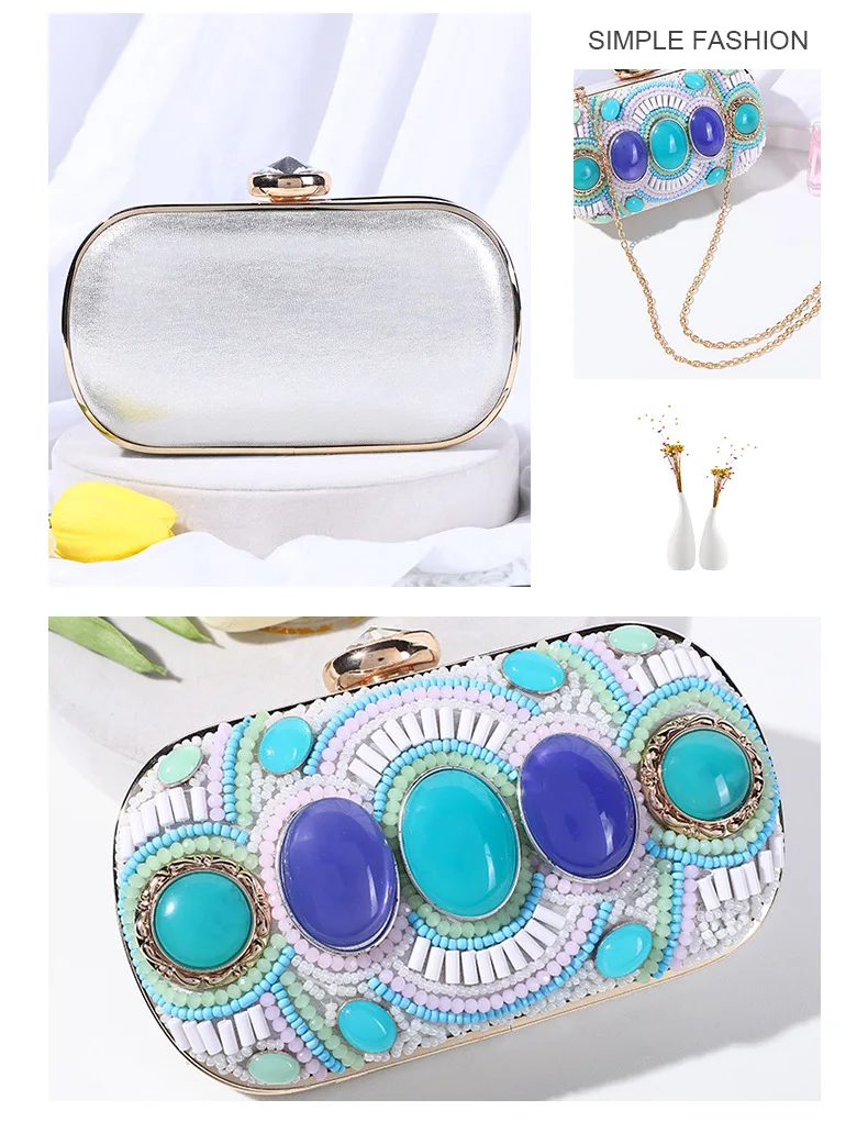 Luxy Moon Blue Gem Boho Beads Evening Clutch Bag Back View