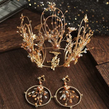 

New Crystal Crown Baroque Diadem With Earrings Bridal Wedding Headband Hairband Tiara Hair Jewelry Accessories Hairpieces